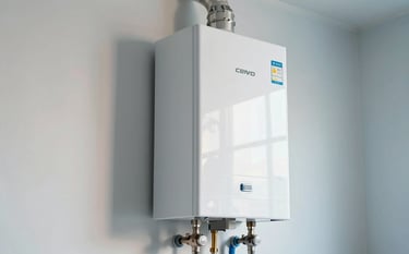 A high-end, modern white gas boiler installed on a clean, light wall in a contemporary utility room. The lighting is bright and clean, reflecting a professional installation. Details include soft sky blue pipes and a very pale blue wall in the background.