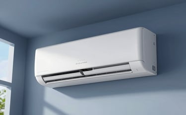 A sleek, modern split air conditioning unit mounted on a muted blue interior wall. The design is minimalist and clean. Sunlight filters through a window, creating a fresh and comfortable atmosphere. Commercial photography style.