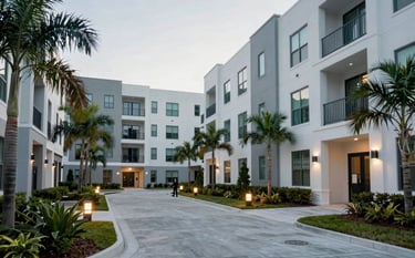 A professional wide-angle shot of a modern multifamily apartment complex in Florida during a bright day. A focused professional is visible in the distance, assessing the perimeter landscaping and lighting. The scene uses a palette of arctic white architecture and muted forest teal foliage, projecting security and order.