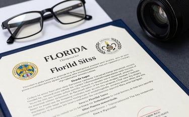 A close-up, sharp focus photograph of a professional certification document resting on a dark charcoal blue desk. The document features official seals and clear typography referencing Florida statutes. A pair of professional glasses sits nearby on an arctic white surface.