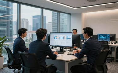 A professional photography shot of a sleek, modern corporate office in a busy South Asian city. Professionals are engaged in a meeting around a table with large digital monitors displaying brand analytics. The room has large windows with soft daylight, featuring sky blue and off-white interior accents.