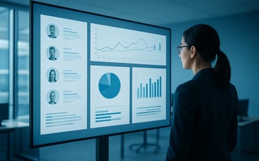 A clean, modern corporate office space where a professional is reviewing data-rich profiles on a large sleek screen. The atmosphere is efficient and secure, dominated by light blue and medium blue tones. Global / Corporate setting.