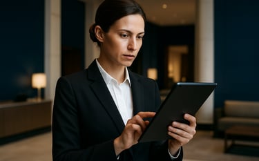 A focused professional in clean hospitality attire using a secure digital tablet in a high-end, modern lobby. The lighting is crisp and professional, with a background of deep blue and off-white architectural elements. Global / Corporate style.