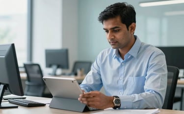 A South Asian / Indian chartered accountant reviewing tax documents on a tablet in a well-lit modern office. The professional is wearing formal attire. The environment features subtle pale ice blue and muted blue accents.