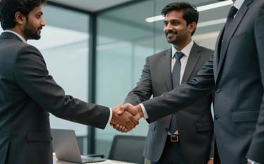 A modern South Asian / Indian corporate office setting in deep teal and dark slate grey tones, showing professionals shaking hands over a new business contract. High quality, professional photography conveying trust and reliability.