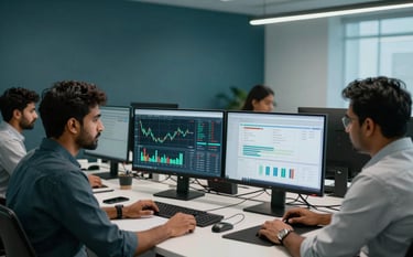 A wide shot of a tech-driven South Asian / Indian finance team analyzing charts on dual monitors. Modern office environment decorated in deep teal and pale ice blue. Sophisticated lighting, realistic photography.