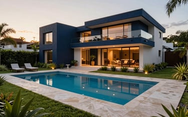 A luxurious contemporary house with a large swimming pool and manicured garden in an upscale South American / Brazilian gated community in Nova Lima, sunset lighting, elegant dark navy blue exterior accents.