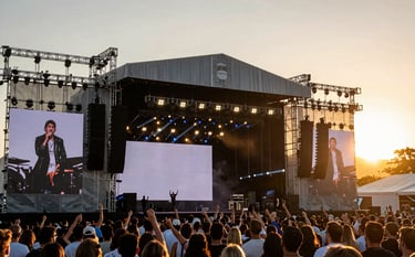 Wide-angle photography of a professional outdoor concert stage in Cabo Frio at sunset, modern equipment, silhouette of a large crowd cheering, epic and prestigious mood.