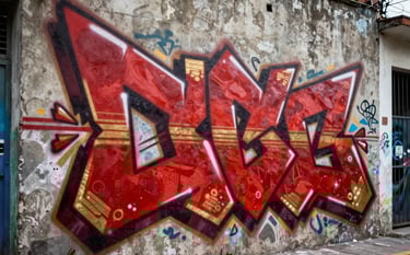 A close-up shot of vibrant red and gold graffiti art on a concrete wall in a South American urban neighborhood, sharp detail, professional street photography style.