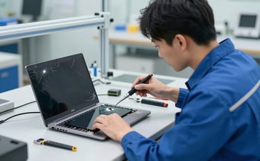 A professional technician in a clean, modern workshop environment carefully replacing a cracked laptop screen. The technician is using precision tools. The lighting is bright and industrial, emphasizing reliability and expertise. Brand colors #2A5D7C and #F7FAFC are reflected in the tech's uniform and workspace accents.