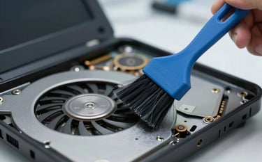 A close-up, high-detail shot of a laptop's internal cooling fan being cleaned with a professional anti-static brush. The shot conveys efficiency and attention to detail. The background is slightly blurred, showing a professional repair lab. Incorporates #0B1A2C and #6FA1BF in the composition.