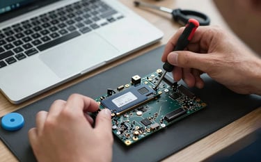 A top-down view of a technician's hands installing a new high-speed SSD into a modern laptop's motherboard. Precision tools like a small screwdriver and anti-static mat are visible. Clean, professional tech vibe featuring colors #2A5D7C and #F7FAFC.