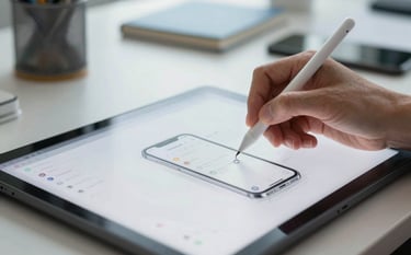 A close-up of a designer's hand using a stylus on a professional tablet, sketching a mobile app interface in a bright, sunlit creative studio in a modern North American office, with soft blue and white tones in the background.