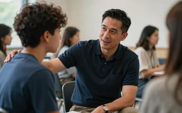 A supportive mentor and a young individual talking in a professional community center in North American / US, candid composition, warm and approachable atmosphere, medium blue and dark navy accents.