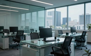 A sleek, high-tech corporate office in a South Asian / Indian city, featuring clean glass desks and modern technology, illuminated with muted teal and soft sky blue light.