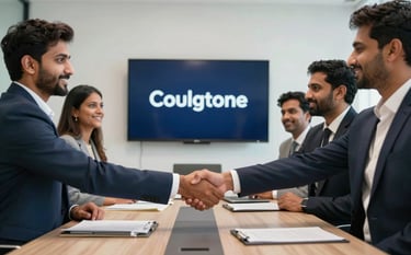 A professional South Asian / Indian team shaking hands in a bright, modern conference room, reflecting trust and success, with dark navy blue branding elements.