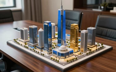 An elegant, high-angle photograph of a detailed architectural model of a modern commercial skyline, placed on a dark wood table in a professional boardroom in Gurgaon, Steel Blue and Gold accents in the decor.