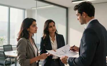 A sophisticated South Asian couple reviewing architectural plans with a real estate expert in a professional, minimalist office setting in Gurgaon, soft morning light filtering through glass partitions.