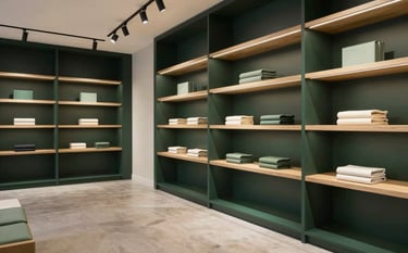 A wide-angle photography shot of a modern boutique retail space in a North American / US city. The interior features Deep Charcoal Green shelving and Sage Mist accents, creating a professional and inviting atmosphere. The lighting is crisp, showcasing the high-quality follow-through of a completed renovation.