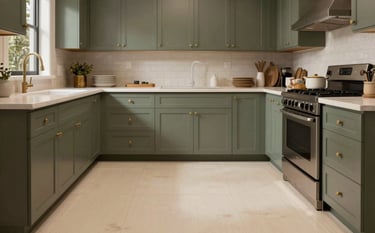 A refined, professional photograph of a senior-friendly kitchen in a North American / US residence. The design prioritizes mobility and safety with ergonomic Forest Sage cabinetry and Soft Cream non-slip flooring. The mood is sophisticated and warm, highlighting personalized design for independent living.