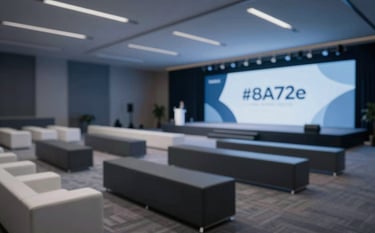 A sophisticated corporate event setup with modern architecture and sleek furniture. The scene includes ambient lighting in #8BA7BF against a #0E162B background. A stage is visible in the distance, conveying a professional and large-scale event management vibe.