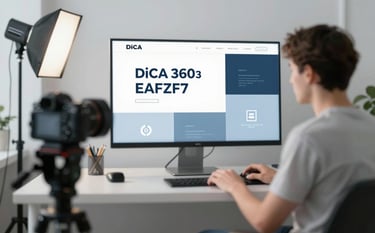 A creative studio environment with high-end cameras, lighting rigs, and a desk with branding mood boards. The color palette features #8BA7BF and #EAF2F7 highlights. The style is sleek, professional, and visually artistic, showcasing DiCA 360's production power.