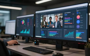 A high-tech digital workspace with multiple screens displaying vibrant social media analytics and engagement graphs. The lighting is professional yet creative, with deep shadows and highlights in #2A4E6C and #8BA7BF. The atmosphere is innovative and fast-paced, reflecting a modern social media agency.