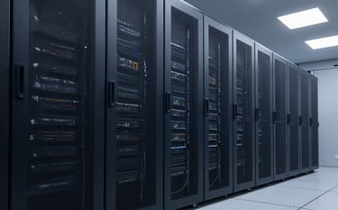 A premium, ultra-clean wide-angle architectural photograph of a high-tech server room with deep navy and charcoal grey accents. The lighting is calm and authoritative, reflecting an enterprise-grade facility in North American / Global context.