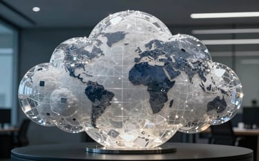 High-quality professional shot of a crystalline data sculpture illuminated by soft white and deep navy light, suggesting cloud architecture and intelligence in a North American / Global office.