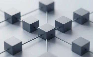 Abstract technological flow representating automated business processes. Interlocking geometric shapes in #0F1C2E and #A7B9CC, sharp lines, sleek professional lighting, symbolizing operational efficiency.