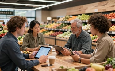A wide photography shot of a strategy meeting between a marketing professional and a local farmer at a modern food market in North America. They are looking at tablet screens amidst crates of fresh produce, with a sophisticated and trustworthy atmosphere.