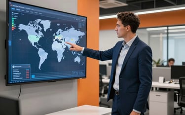 A professional in a modern European / Spanish office setting wearing a dark slate blue suit, pointing at a high-tech digital screen displaying global shipping routes. The office has vibrant orange accents and clean silver gray furniture.