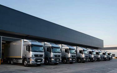 A wide-angle photo of a modern European / Spanish warehouse exterior. Several silver gray logistics trucks are lined up at loading docks. The sky is a clear light blue, and the building features clean architectural lines in dark slate blue.