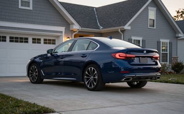 A high-end modern sedan parked in a clean, professional driveway of a North American home. The car is sleek navy blue, the lighting is soft twilight, and the focus is sharp on the vehicle's rear, suggesting readiness for travel. The atmosphere is quiet and secure.