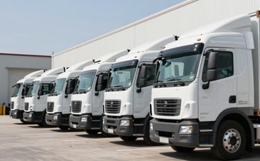 A line of clean white commercial freight trucks parked at a modern North American distribution hub. The lighting is clear daylight, showing high efficiency and order. The setting conveys reliable transportation and professional fleet management.