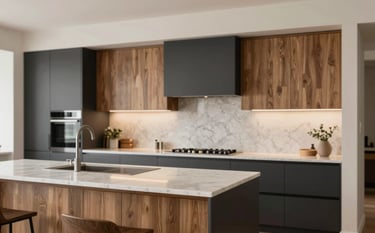 A high-end custom kitchen designed by Cuisines ALTO, featuring elegant wood cabinetry and sophisticated quartz countertops. The lighting is warm and inviting, highlighting the meticulous craftsmanship and modern elegance. The palette includes natural wood tones and deep charcoals like #262626 and #4A433A against soft #F7F4EF walls.