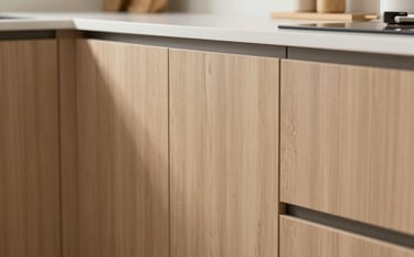 A before-and-after style shot showing high-quality kitchen refacing. New thermoplastic and polymer cabinet doors are shown in a modern, clean layout. The aesthetic is professional and polished, incorporating the #A38B7C warm wood tones and a minimalist, trustworthy vibe.