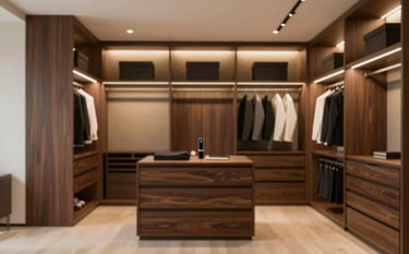 A luxurious custom walk-in closet with warm integrated lighting, showcasing precise custom woodwork and smart storage solutions. The atmosphere is sophisticated and meticulous, using a mix of #4A433A wood grains and #F7F4EF interior accents.