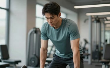 A high-quality, realistic photograph of a man in his late 20s dressed in neutral athletic wear, focused and preparing for a workout in a modern, minimalist gym. The environment is clean with soft lighting. The colors include muted teal (#528B8B) and deep charcoal (#1C1C1E), conveying authenticity and health-conscious living.