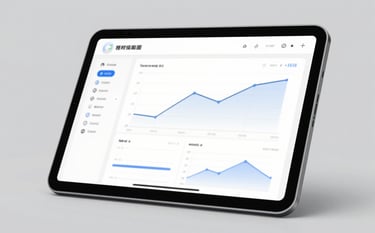 A close-up shot of a modern tablet displaying a clean, professional dashboard with simple line charts and data visualizations. The aesthetic is premium and minimalist, similar to a high-end SaaS product. The background is a soft grey (#A7B3B1). The image reflects transparency, measurable impact, and credible performance tracking.