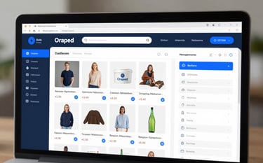 A professional desktop view of the Oraped management dashboard. The screen shows a catalog editor with high-quality product photos, price fields, and a modern sidebar menu. The design is intuitive and clean, primarily using #0E2A3A and #2F738E in the interface elements.