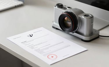 Clean, high-standard commercial photography showing a modern industrial design element or a patent document on a minimalist desk. The scene is bright and professional, representing intellectual property and industrial innovation in a South American context.