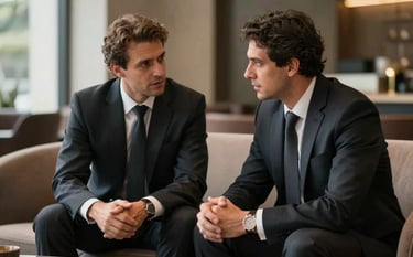 Professional high-end photography of two corporate executives in formal business attire discussing a deal in a luxury lounge in São Paulo. The composition uses a shallow depth of field, highlighting the confidence and focus of the professionals. Tones of charcoal black and soft gold lighting.
