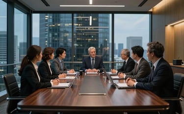 A sophisticated wide-angle photograph of a modern corporate boardroom in a South American skyscraper during a strategic meeting. The lighting is professional and moody, with dark blue and gold accents in the architectural details. The atmosphere is one of high-level business intelligence and authority.