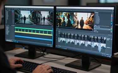 A close-up of a high-tech editing suite in Porto. A digital artist is compositing visual effects on a dual screen setup. The lighting is cold and modern, with silver and dark slate tones, reflecting a professional and inspiring cinematic environment.