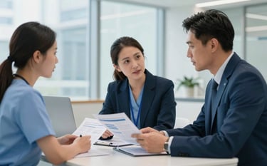 Healthcare consultants in a clean, professional North American / US medical administration setting, discussing strategic reports. The environment is sophisticated, featuring soft sky blue and deep ocean blue colors in a bright, modern architectural space.