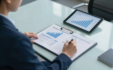 A high-angle photograph of a healthcare administrator's desk in a North American / US business park office. On the desk are financial reports and a tablet displaying growth charts. The scene is dominated by light steel blue and navy blue professional tones, reflecting efficiency and calm competence.