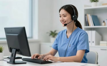 A cheerful patient coordinator in a North American / US clinical setting, speaking on a professional headset. The workspace is clean and modern, featuring light steel blue accents and soft off-white furniture, conveying a message of reliability and patient-centered service.