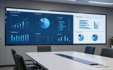 A sleek, high-end North American / US corporate boardroom with advanced technology displays, emphasizing efficiency and data-driven insights. The palette includes deep ocean blue and misty white with professional lighting.