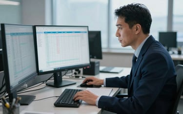 A focused professional in a modern North American / US corporate office environment, reviewing sophisticated medical billing data on high-resolution monitors. The scene is lit with cool morning light, incorporating dark navy blue and misty white tones to convey expert competence.